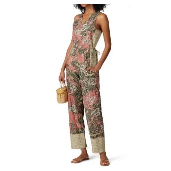 WARM Jumpsuit Womens Medium Floral V-Neck Sleeveless Green Pink Wide Leg Pockets - Picture 1 of 11